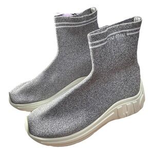 MIU MIU Silver Knit Lurex Fabric Sock Sneakers